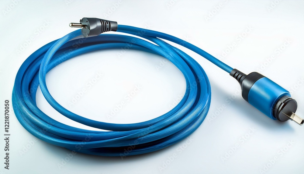 Close-up of a vibrant blue coiled cable with plugs. Close-up of a vibrant blue coiled cable with plugs.