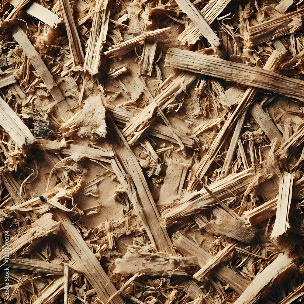 Wood shavings and chips scattered randomly, creating a textured and organic surface Wood shavings and chips scattered randomly, creating a textured and organic surface