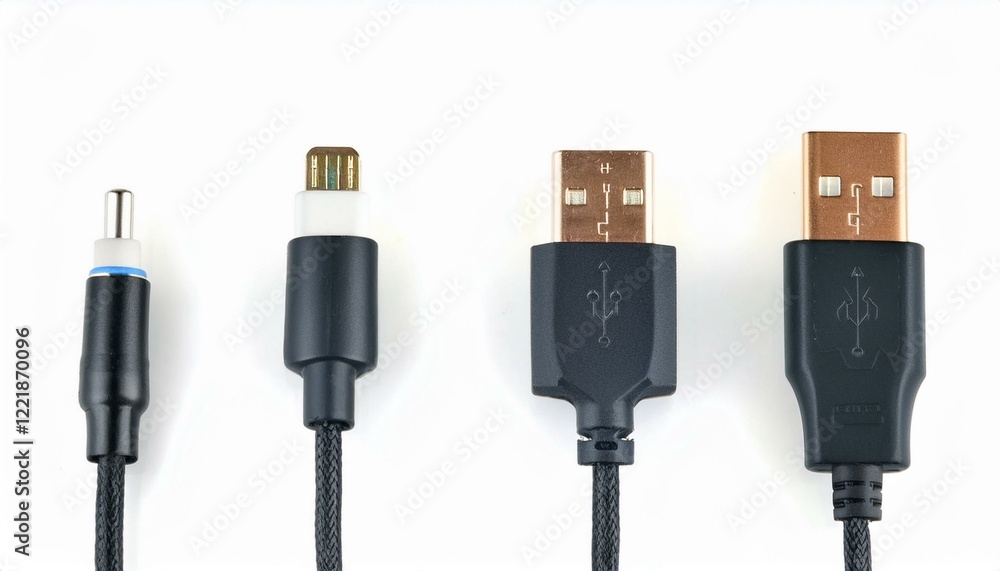 Close-up of various connectors: USB-A, USB-C, Micro USB, and DC. Close-up of various connectors: USB-A, USB-C, Micro USB, and DC.