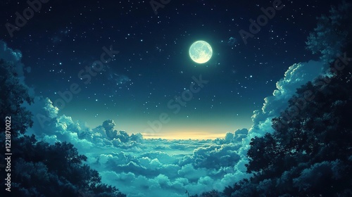 night sky with stars and clouds and a full moon photo