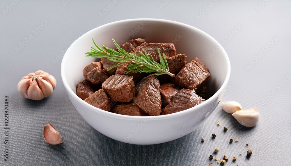 Rosemary and garlic seasoned beef cubes in a bowl. Rosemary and garlic seasoned beef cubes in a bowl.