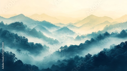 Misty Mountains Enveloped in Serene Morning Fog