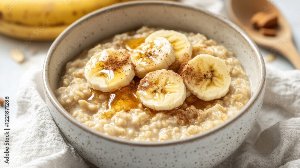 A bowl of classic oatmeal topped with sliced bananas, honey, and a sprinkle of cinnamon A bowl of classic oatmeal topped with sliced bananas, honey, and a sprinkle of cinnamon