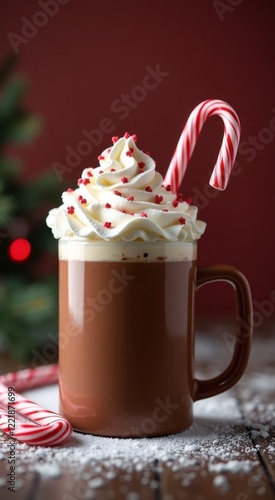 Cup of hot chocolate with whipped cream and candy canes
