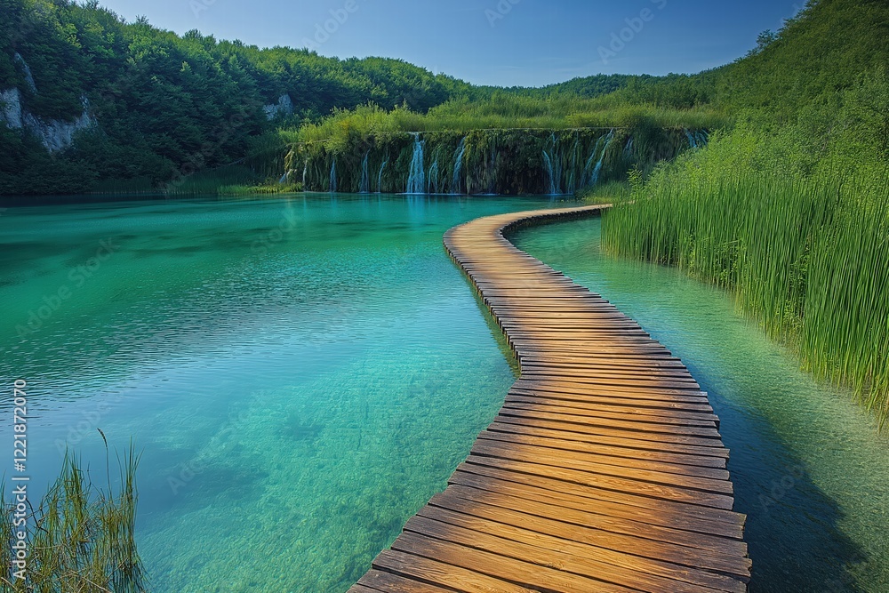 Naklejka premium Wooden pathway winding through turquoise water and vibrant greenery in a serene natural landscape