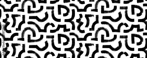 Antique geometric seamless pattern with bold arched brush strokes and maze lines. Hand drawn labyrinth motif background. Grunge thick strokes, dashes and curved lines. Geometric seamless pattern.