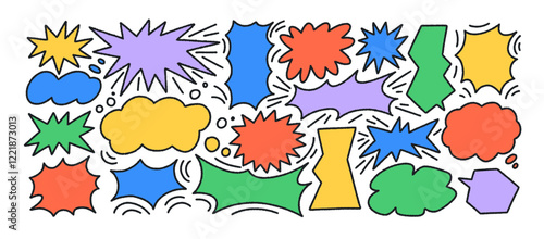 Colorful funky outlined speech bubbles with explosion bomb effect, splash, exclamation. Speak sign dialog communication frames. Doodle comic speech bubbles in childish funky style.