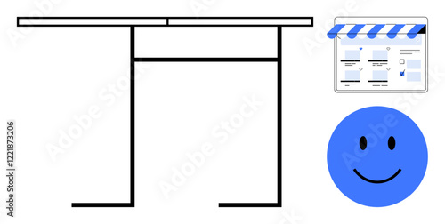 Minimalist table design with rectangular top and legs, accompanied by a blue smiling face and a storefront interface. Ideal for workspace, happiness, commerce, simplicity, minimalism, e-commerce