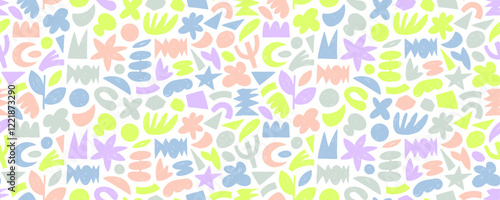 Seamless pattern with pastel colored crayon drawn organic shapes. Hand drawn geometric figures, organic plant shapes, geometric naive forms with pencil texture. Retro torn paper rough figures.