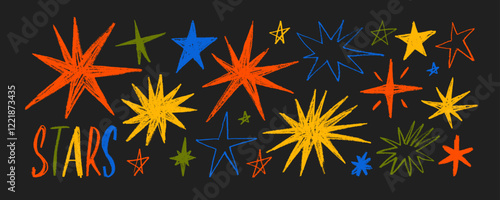 Colorful crayon drawn stars collection. Doodle texture sparks and sparkles. Cute childish stars shapes. Graphic cosmic vector elements drawn with pencil, charcoal or chalk. Night starry sky.