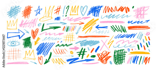 Funky colorful crayon drawn squiggles, scribbles and doodle shapes. Hand drawn vector childish elements like crowns, hearts, stars, grids and various scrawls. Rough crayon or pencil strokes.