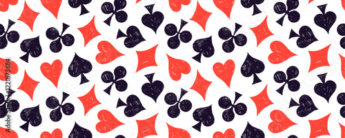 Crayon drawn poker card suits seamless banner design with red and black hearts, clubs, spades and diamonds.