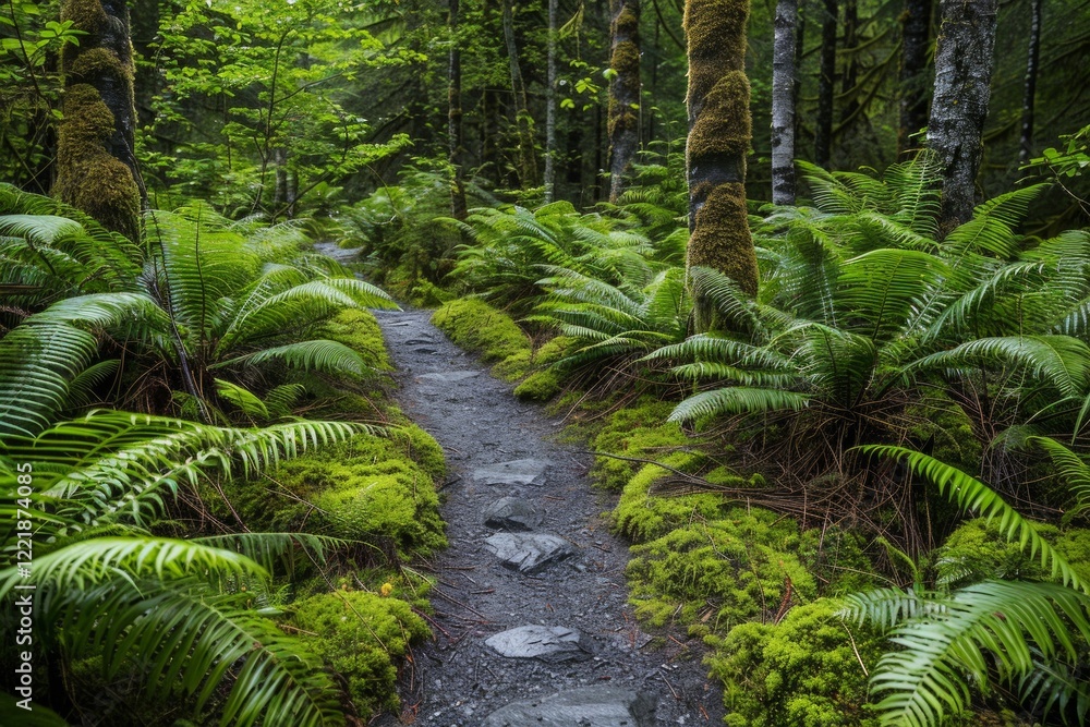 A winding path through a lush green forest with moss-covered trees and ferns. AI generative. . A winding path through a lush green forest with moss-covered trees and ferns. AI generative. .