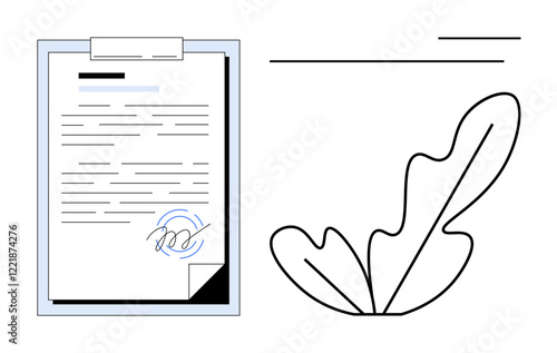 Clipboard holding a signed document with abstract line drawing of a leaf nearby. Ideal for concepts thumbs up agreement, signature, paperwork, authorization, minimalism, documentation, and legal