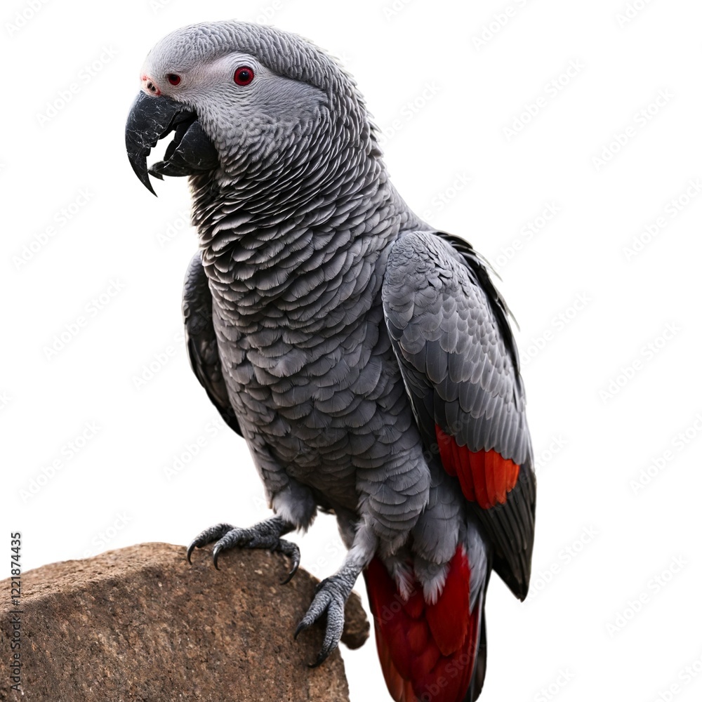 Fototapeta premium Grey Parrot on Transparent Background. Grey Parrot side profile on white background.
