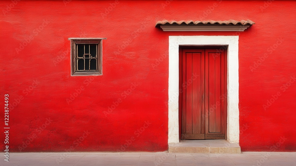 Fototapeta premium Vibrant Red Wall with Wooden Door and Small Window Detail