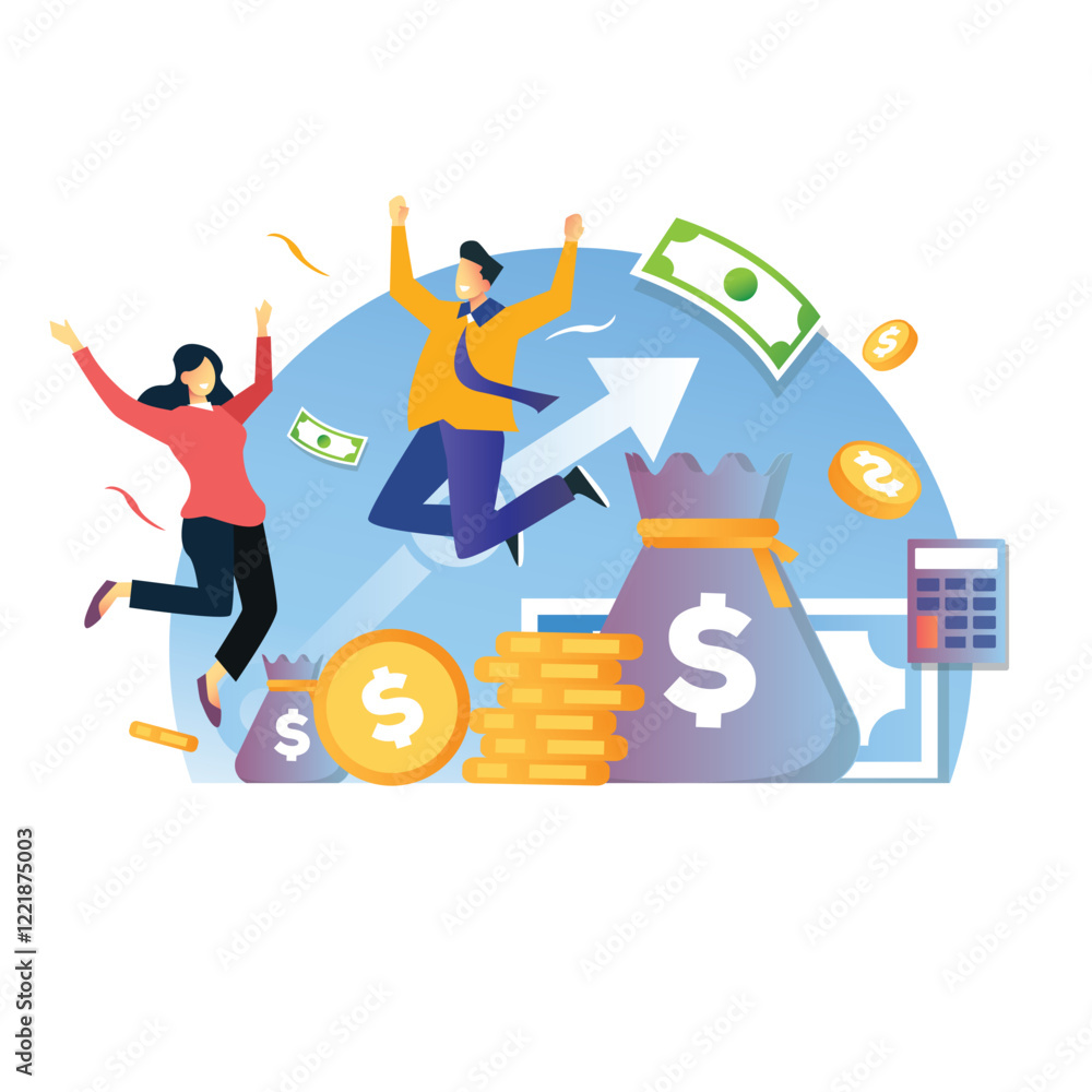 two employee jump feeling happy investment statistic with money growth vector illustration