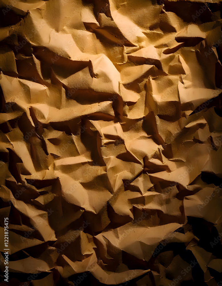 Fototapeta premium Deeply crumpled brown paper texture with strong shadows and highlights. Abstract and dramatic