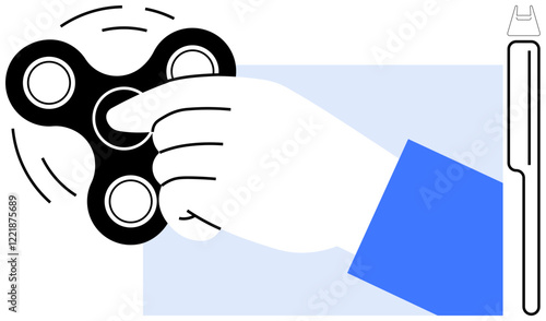 Hand holding a spinning fidget spinner, accompanied by a pen, conveying themes of productivity, focus, relaxation, and stress relief. Ideal for concentration, time management, therapy mindfulness