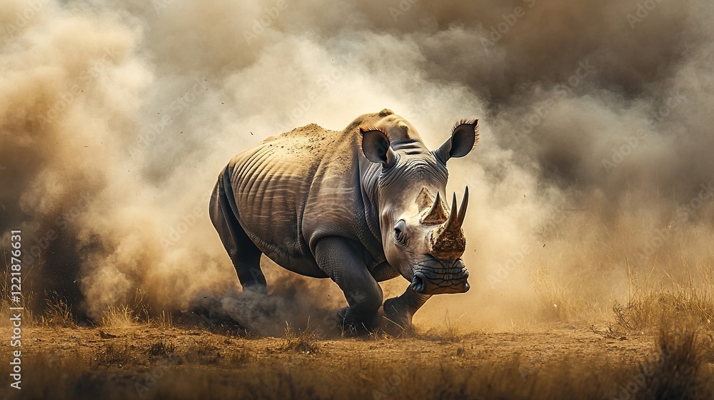 Obraz premium White rhino charging through dusty savanna.