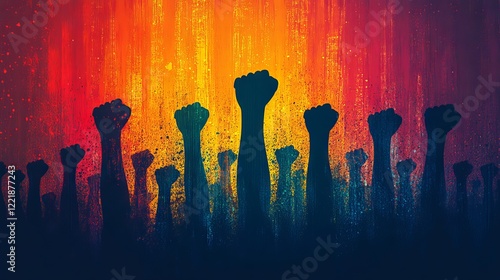 United voices rise, a powerful display of solidarity and protest against injustice, silhouetted fists against a vibrant sunset-like gradient background