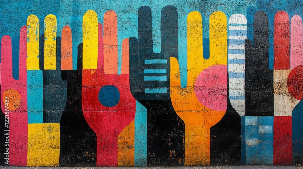 Naklejka premium Colorful Hands Mural Symbolizing Unity Diversity and Community Togetherness on Textured Wall Surface