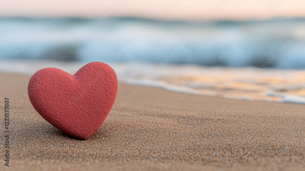 Red heart standing on the sand with ocean waves gently touching the shore at sunset Red heart standing on the sand with ocean waves gently touching the shore at sunset