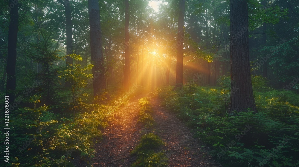 Fototapeta premium Sunlight streams through dense forest trees onto a path. AI generative. .