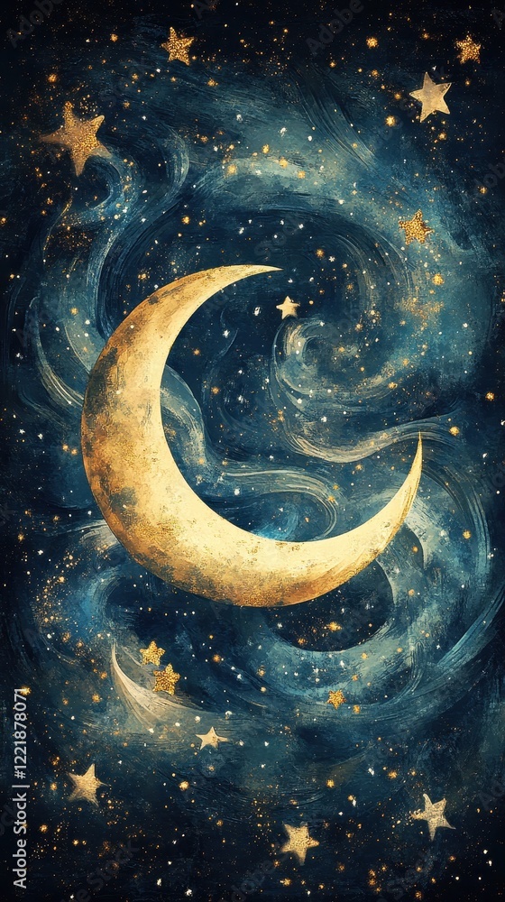 Golden Crescent Moon Among Sparkling Night Stars Golden Crescent Moon Among Sparkling Night Stars
