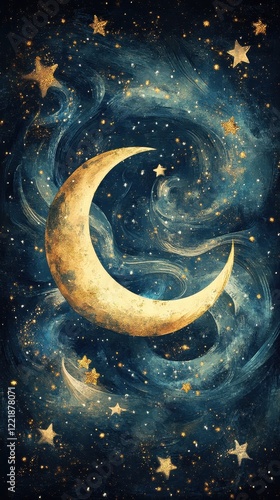 Wallpaper Mural Golden Crescent Moon Among Sparkling Night Stars Torontodigital.ca
