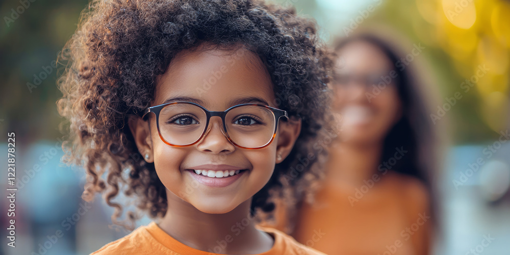 Cute girl wearing glasses smiles at the camera, with her mother in blurred focus behind her, generative AI Cute girl wearing glasses smiles at the camera, with her mother in blurred focus behind her, generative AI