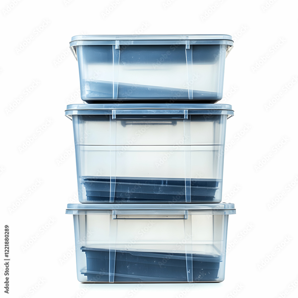 Stacked clear plastic storage boxes, white background, organization Stacked clear plastic storage boxes, white background, organization