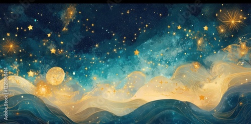 Golden Celestial Landscape with Rolling Hills and Stars
