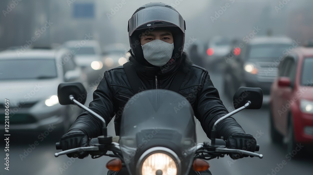 A motorcyclist wearing a pollution mask, driving through heavy traffic under a thick layer of smog. A motorcyclist wearing a pollution mask, driving through heavy traffic under a thick layer of smog.