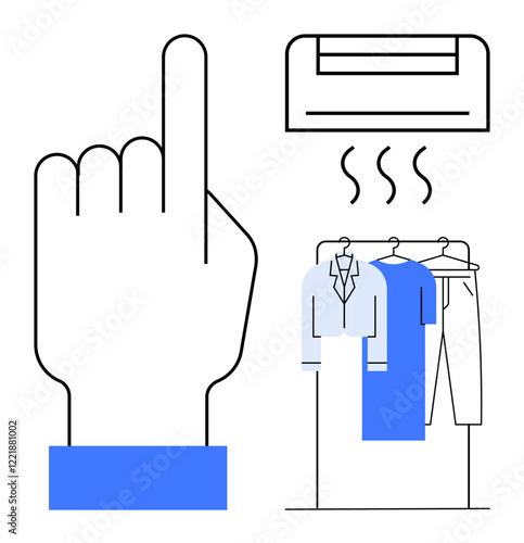 Hand pointing up, clothes drying on hangers under air conditioner releasing warm air. Ideal for climate control, laundry, clothing care, home comfort, energy efficiency, freshness, and convenience