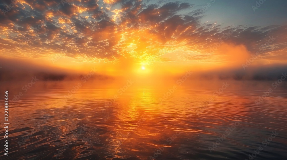 Fototapeta premium Golden sunset reflected on rippling water with fog in the distance. AI generative. .