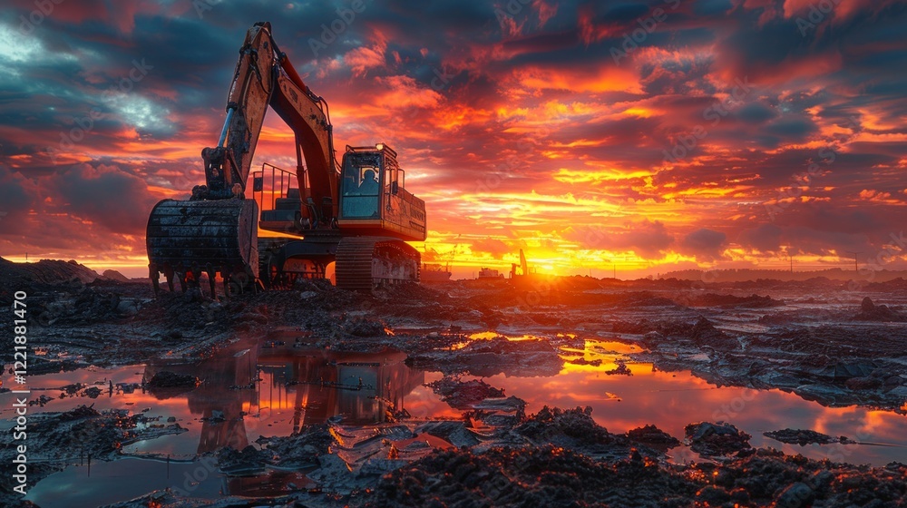 Excavator at sunset reflected in a puddle of water. AI generative. . Excavator at sunset reflected in a puddle of water. AI generative. .