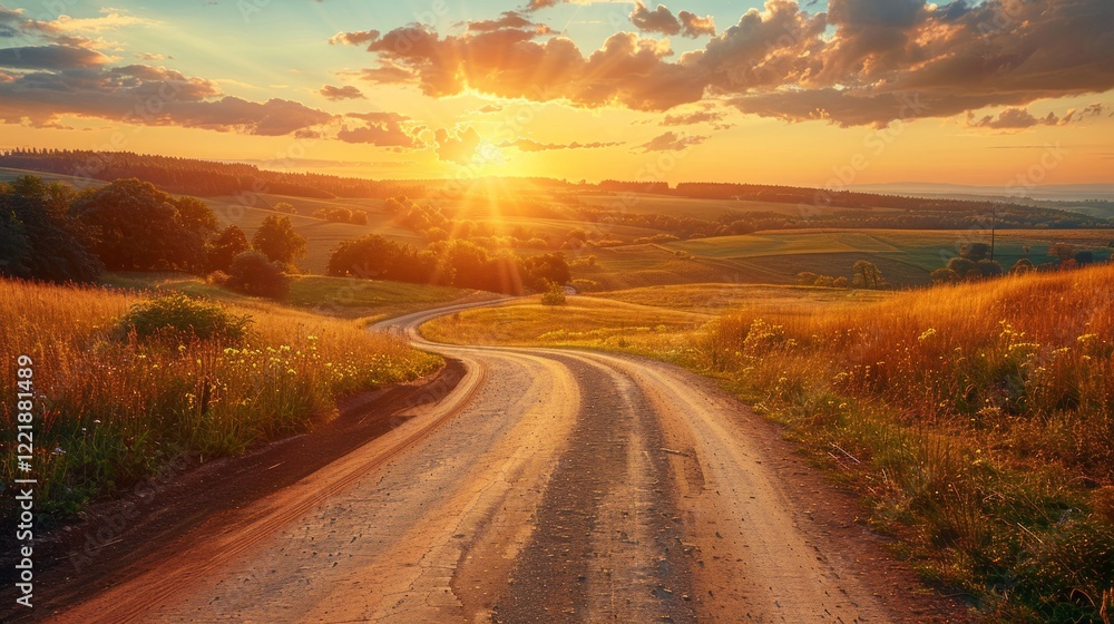 A winding dirt road through a field of tall grass at sunset with a bright sun in the sky. AI generative. . A winding dirt road through a field of tall grass at sunset with a bright sun in the sky. AI generative. .