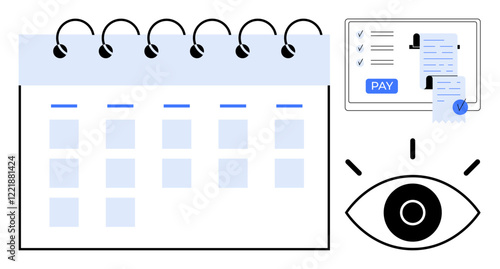 Spiral-bound calendar, payment process with receipt on screen, observing eye symbol. Ideal for scheduling, financial planning, time management, deadlines, productivity, payment processing oversight