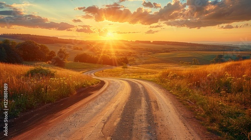 A winding dirt road through a field of tall grass at sunset with a bright sun in the sky. AI generative. .