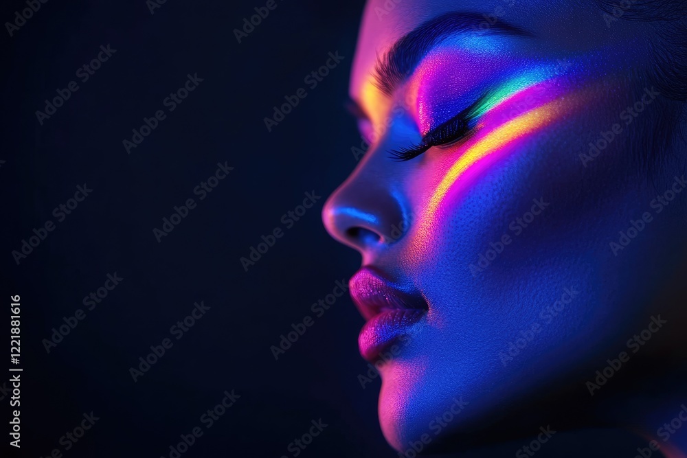 Neon Dreams: A vibrant portrait showcasing the beauty of light and color on a woman's face, illuminated with a spectrum of rainbow hues creating a surreal and dreamy aesthetic. Neon Dreams: A vibrant portrait showcasing the beauty of light and color on a woman's face, illuminated with a spectrum of rainbow hues creating a surreal and dreamy aesthetic.