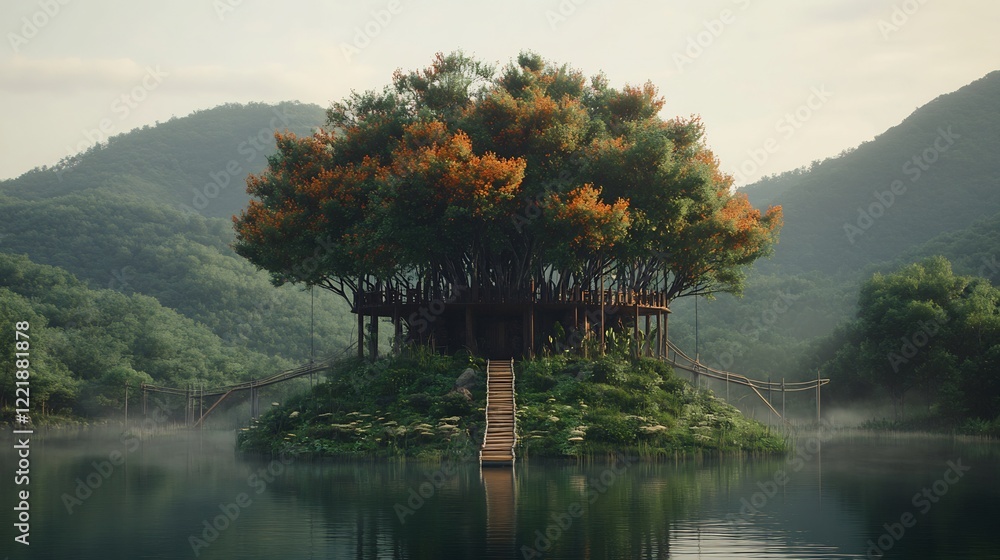 Serene Treetop Haven: A Misty Mountain Lake Retreat