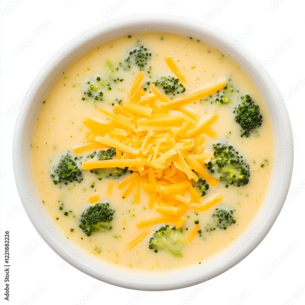 A bowl of creamy broccoli and cheddar soup with a sprinkle of cheese, isolated white background, modern art style A bowl of creamy broccoli and cheddar soup with a sprinkle of cheese, isolated white background, modern art style