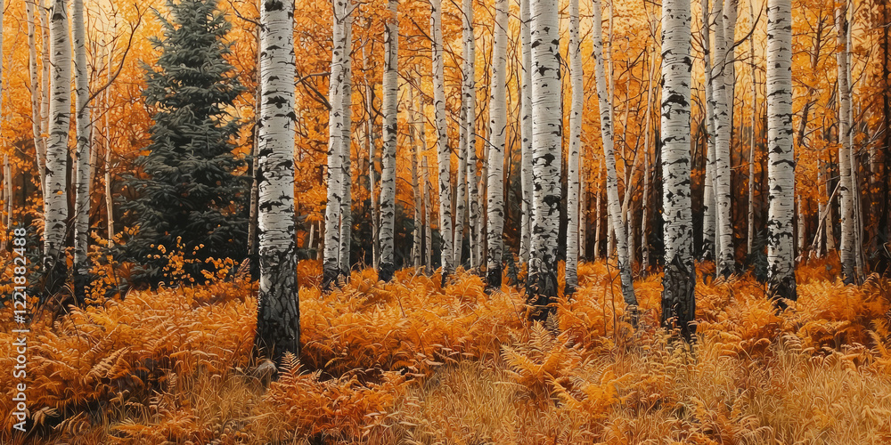 Fototapeta premium A forest of tall trees with brown and green ferns, an atmospheric woodland scene with tall pine tree trunks surrounded by orange and yellow foliage, generative AI