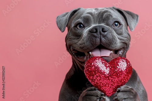 Promotion conceptual art. Cane corso - my treasured dog. Cute cane corso pup with sparkling rhinestones red heart - emblem of love, funny greeting card. Valentine's theme photos. Love animals. photo