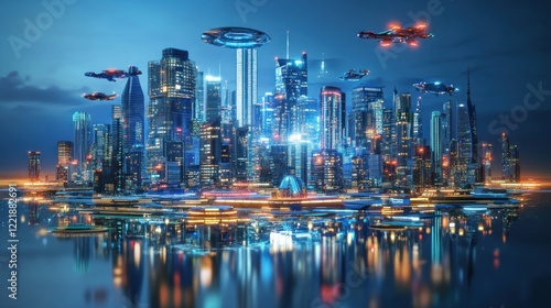 Futuristic Cityscape at Night: Neon Lights and Flying Vehicles Reflecting on Calm Waters