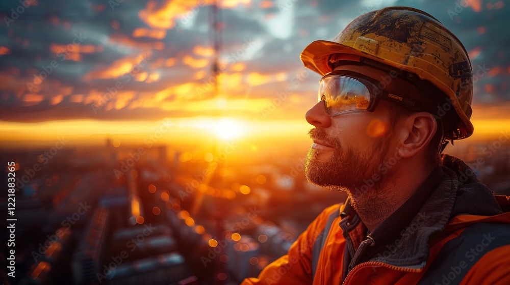 Fototapeta premium Construction worker in hard hat and goggles looks at sunset over city lights. AI generative. .