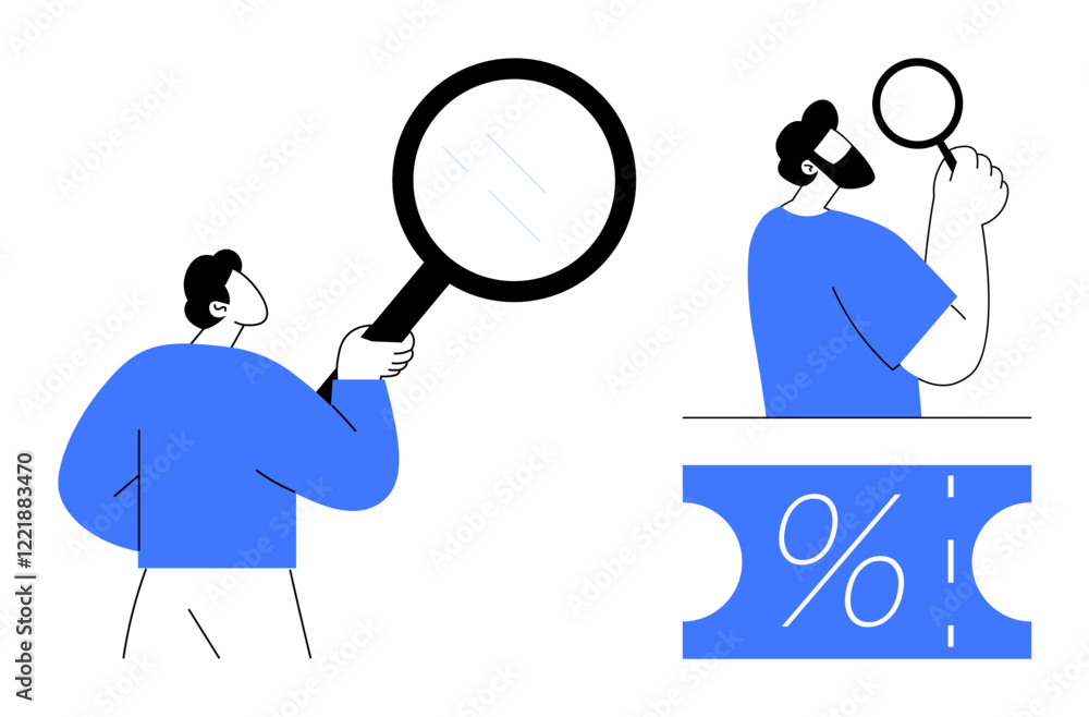 Male and female figures using magnifying glasses to inspect large discount symbol and details. Ideal for research, discovery, discounts, analysis, attention to detail, shopping, business strategy