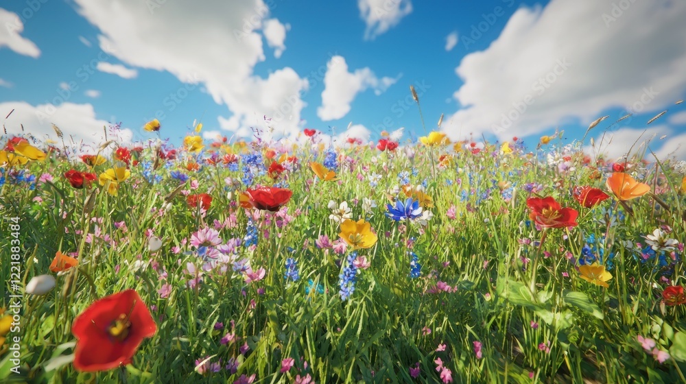 Vibrant wildflowers bloom under sunny sky, meadow, nature Vibrant wildflowers bloom under sunny sky, meadow, nature
