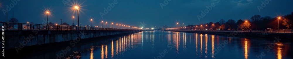 Moonlit waters reflected in barrier's metallic surface, barrier, flood defence, thames